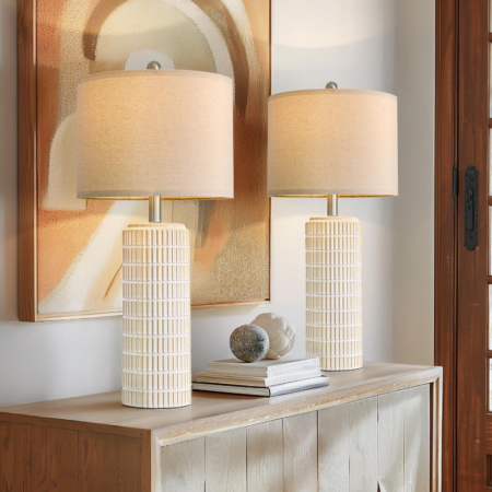 Set of 2 ceramic table lamps for living room, modern bedside lamps in gold and white, fit for bedroom, end tables and hallway