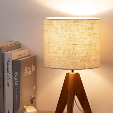 Tripod small bedside lamp with beige linen shade, light brown wooden base, suitable for nursery, bedroom, kids room and living room, standard lamp socket