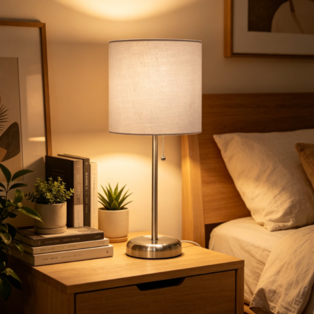Slim brushed steel table lamp with charging outlet, gray shade, for bedroom, living room, entryway, office, dining room and study